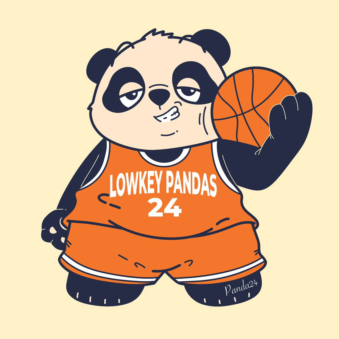 PANDA24 — オレンジのバスケユニ「LOWKEY PANDAS 24」を着たパンダキャラクターのイラスト